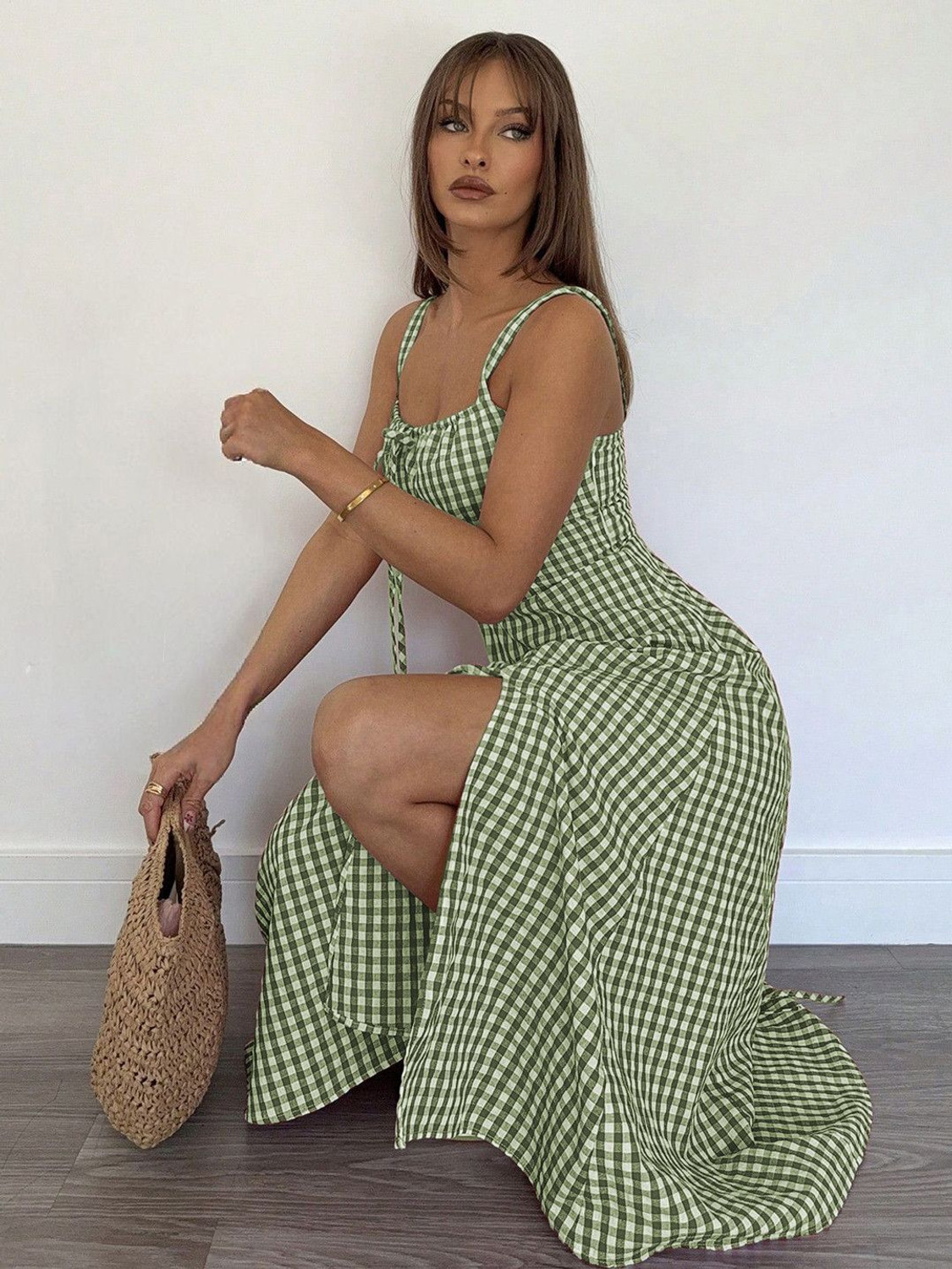 Image of METRONAUT Women Fit and Flare Green, White Midi /Calf Length Dress