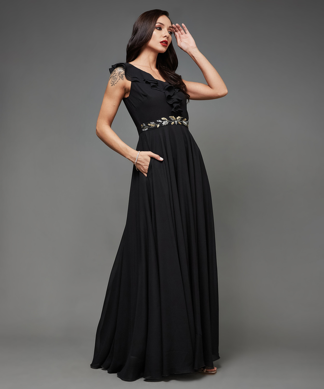 Image of Miss Chase Women Ruffled Black Maxi /Full Length Dress