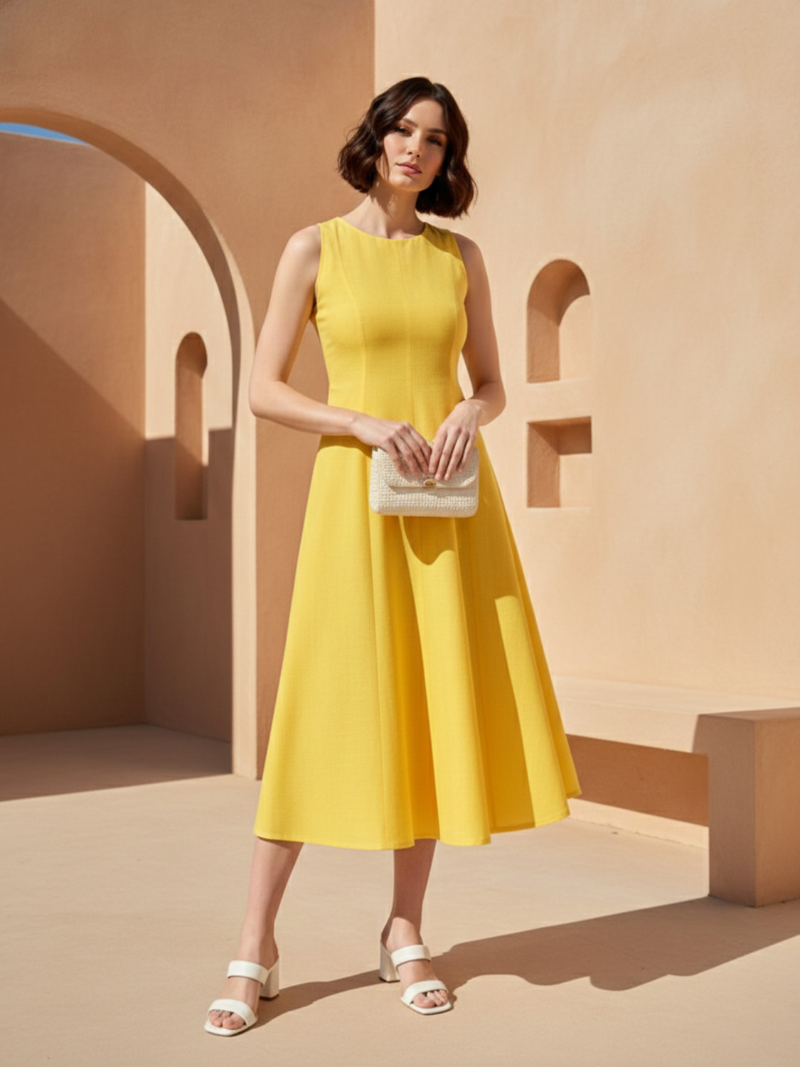 Image of PURVAJA Women Fit and Flare Yellow Below Knee Dress