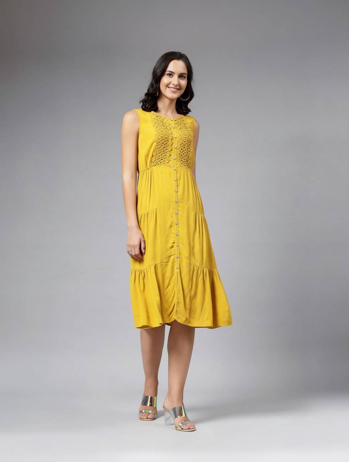 AAYU Women Fit and Flare Yellow Below Knee Dress