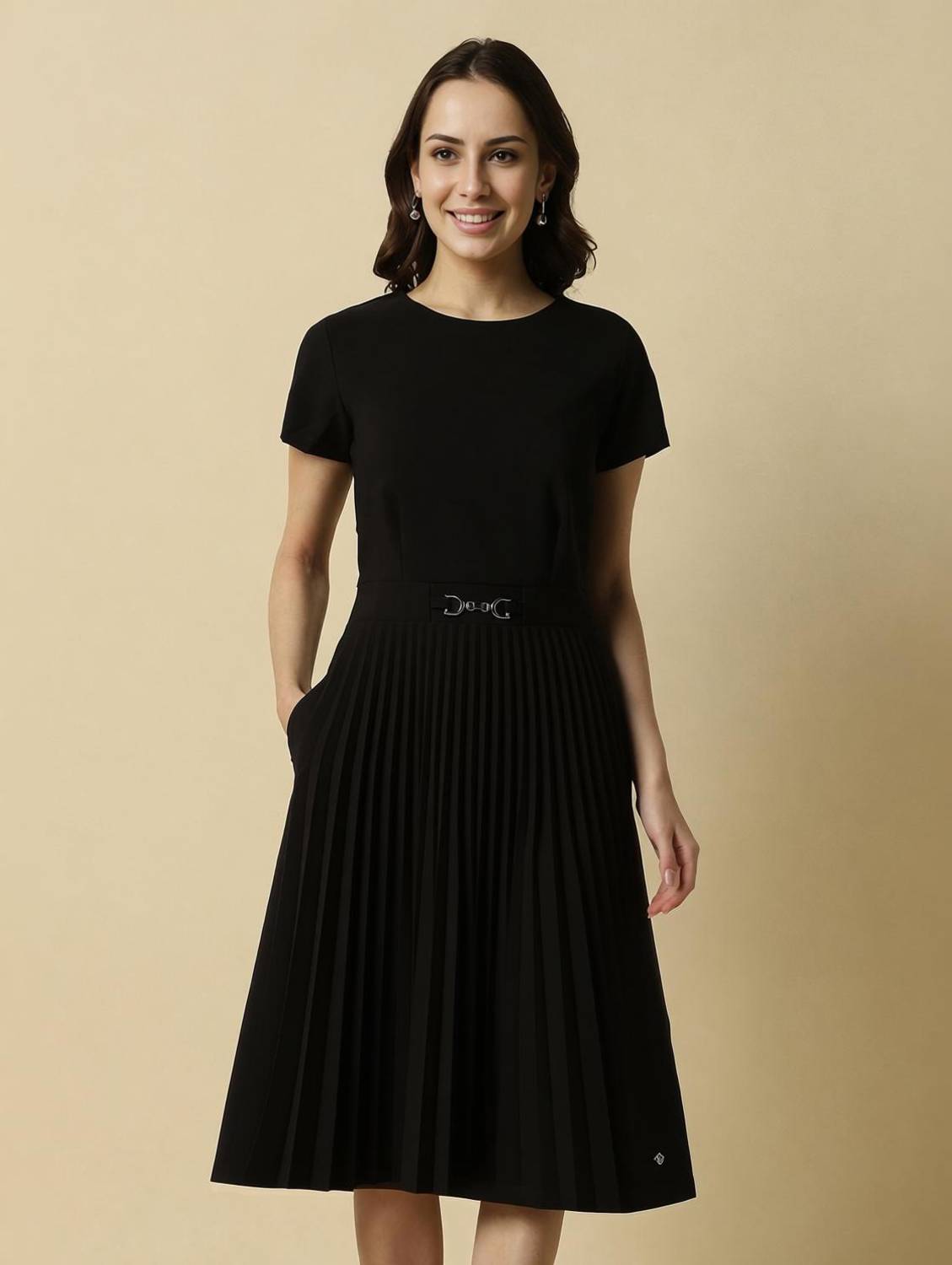 Allen Solly Women Fit and Flare Black Below Knee Dress