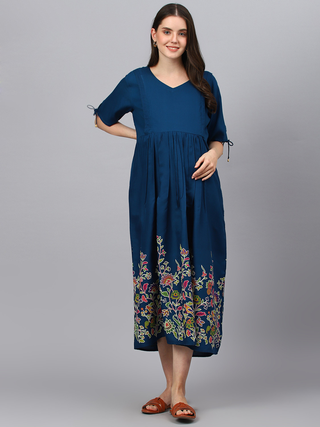 Image of Negen Women Gathered Blue Midi /Calf Length Dress