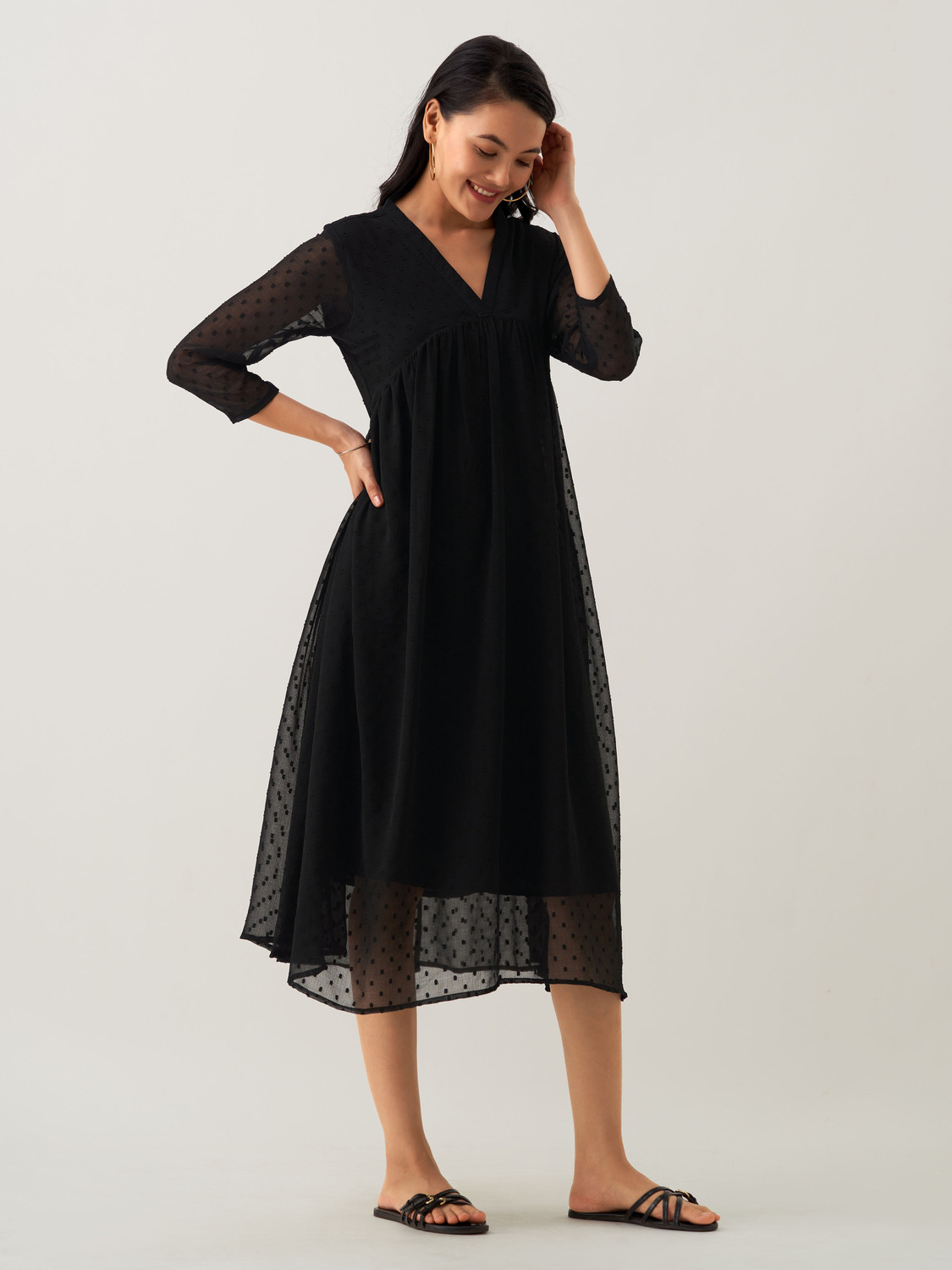 Image of AASK Women Fit and Flare Black Midi /Calf Length Dress