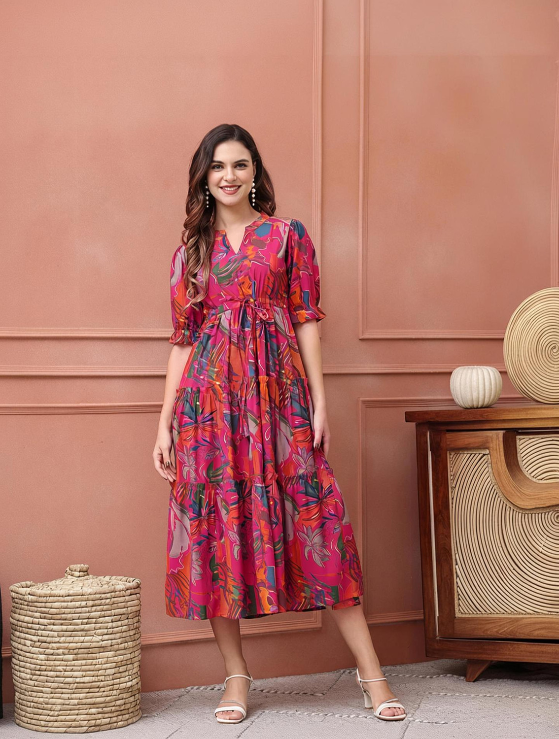 Image of Claura Women Fit and Flare Pink, Multicolor Below Knee Dress