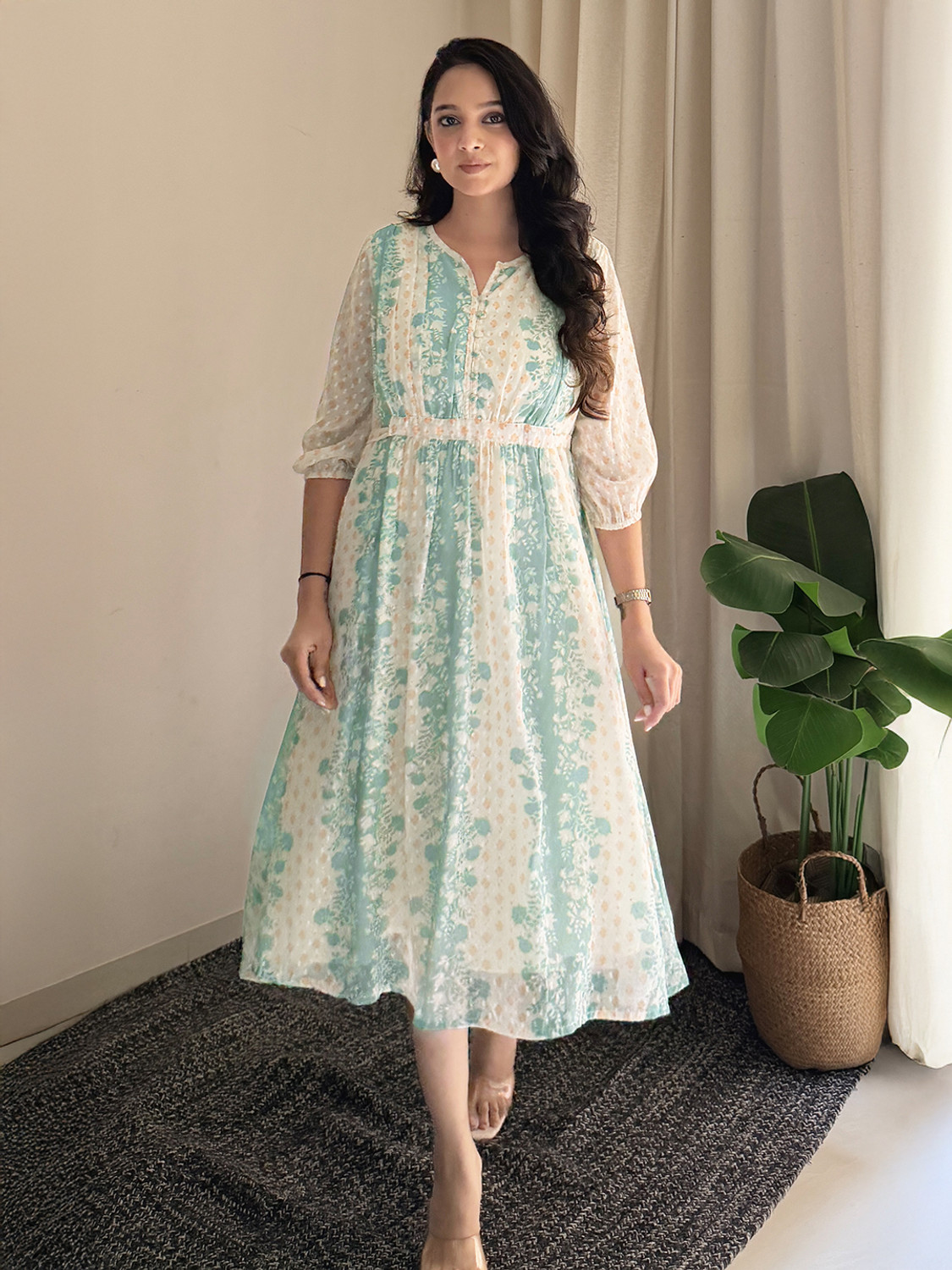 Image of Janasya Women Fit and Flare Multicolor Midi /Calf Length Dress