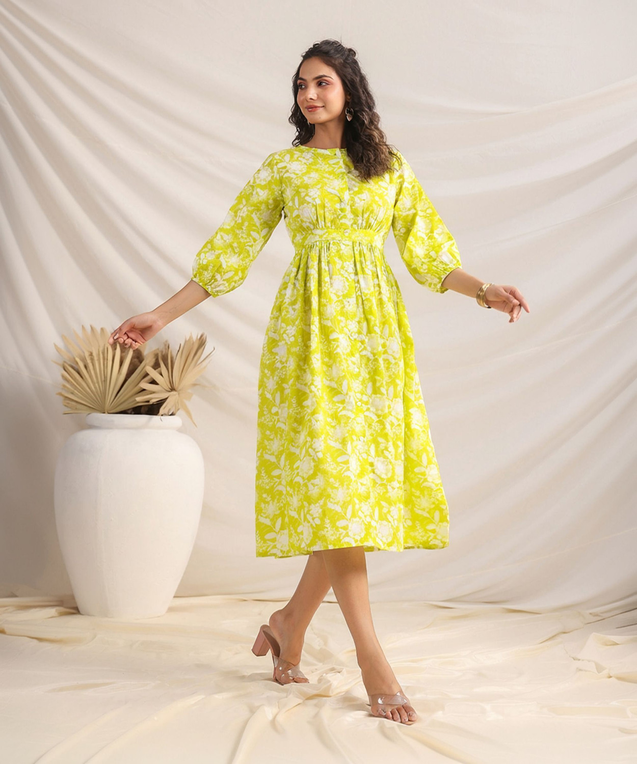 Image of Janasya Women Gathered Multicolor Midi /Calf Length Dress