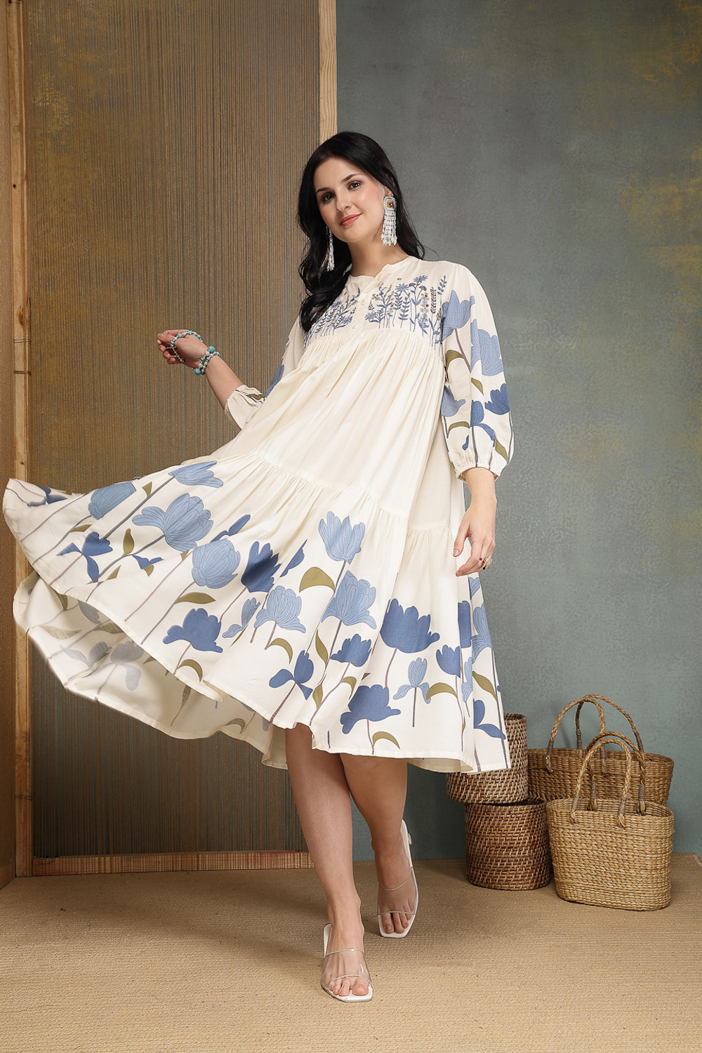 Image of Stylum Women Tiered Blue, Beige Knee Length Dress
