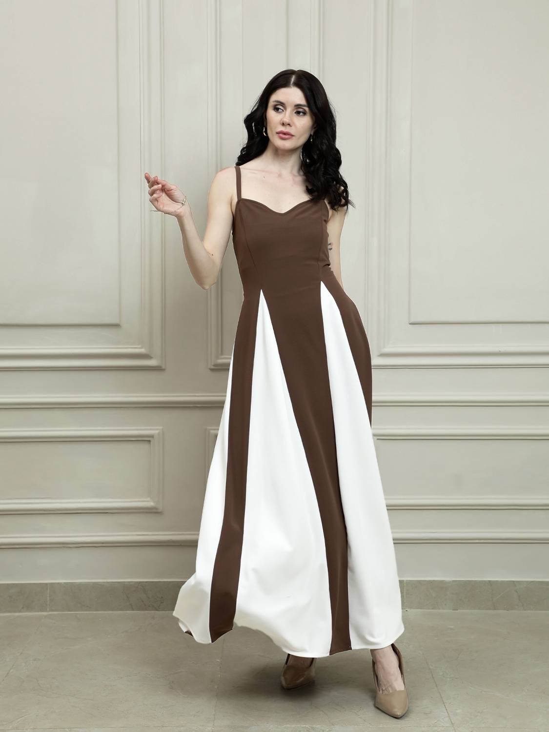 Shally Bhasin By Athena Women Maxi Brown, White Full Length Dress