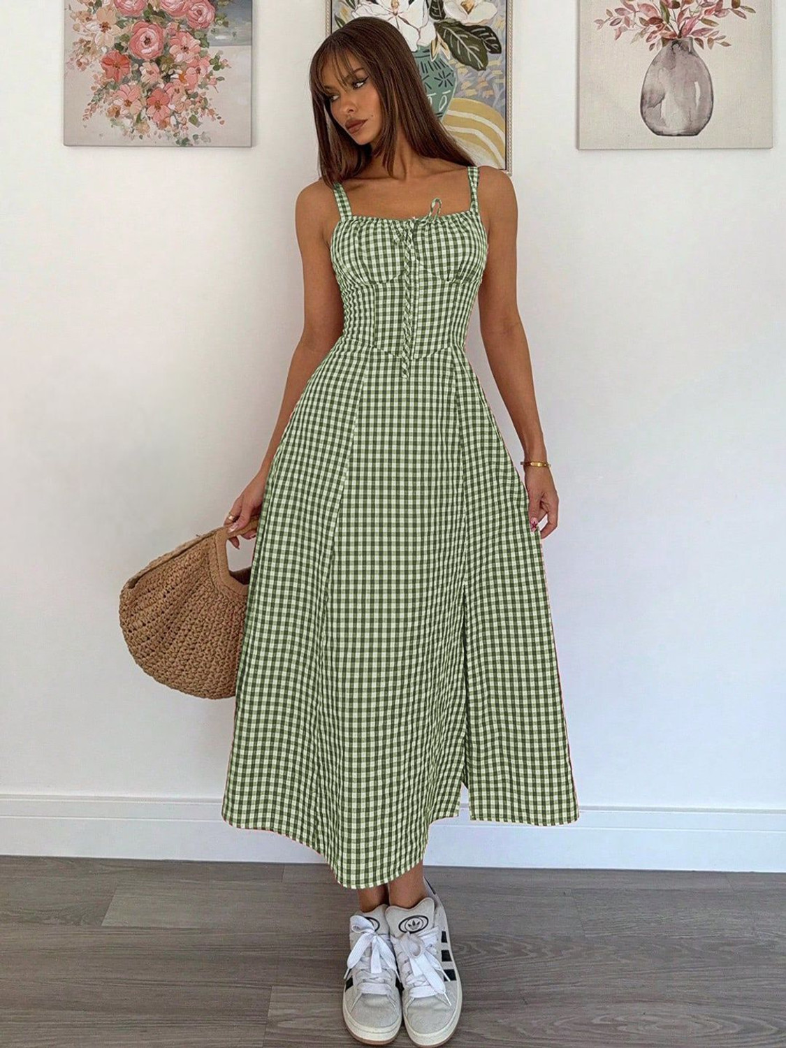 Image of METRONAUT Women Fit and Flare Green, White Midi /Calf Length Dress