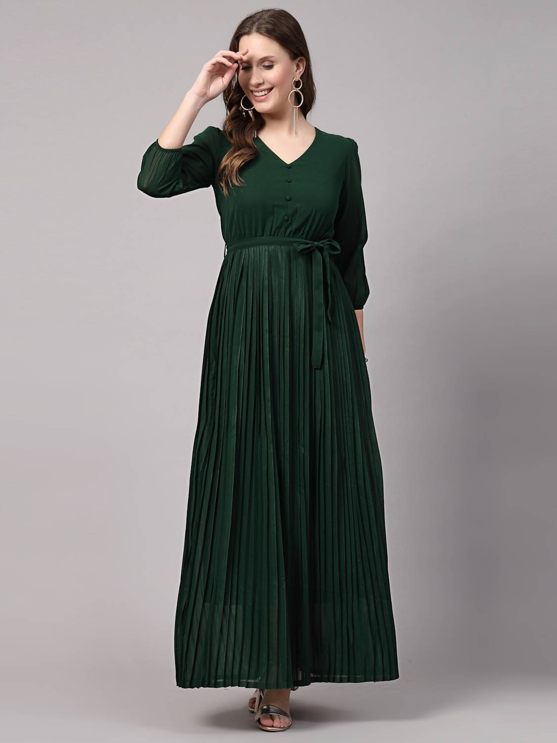 AAYU Women Fit and Flare Dark Green Maxi/Full Length Dress