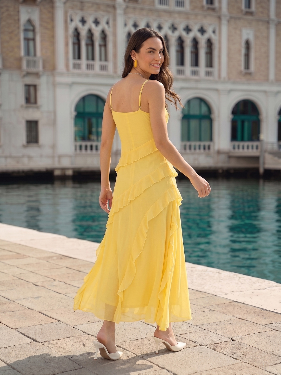 Image of AAYU Women Layered Yellow Maxi /Full Length Dress