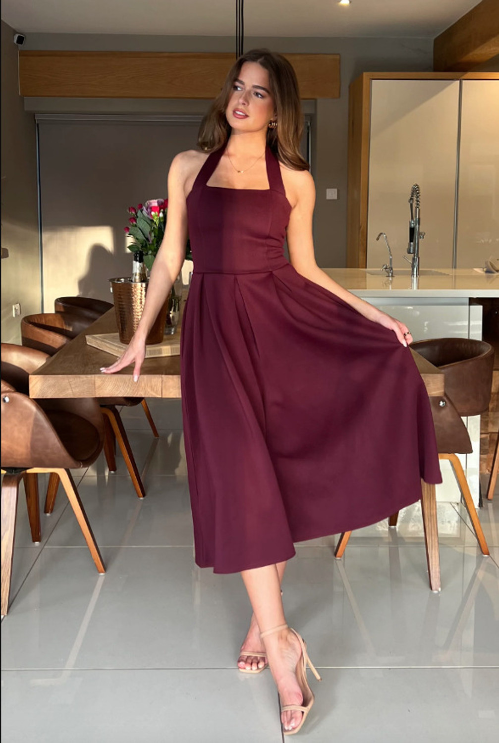 Image of Fashion Street London Women Fit and Flare Maroon Midi /Calf Length Dress