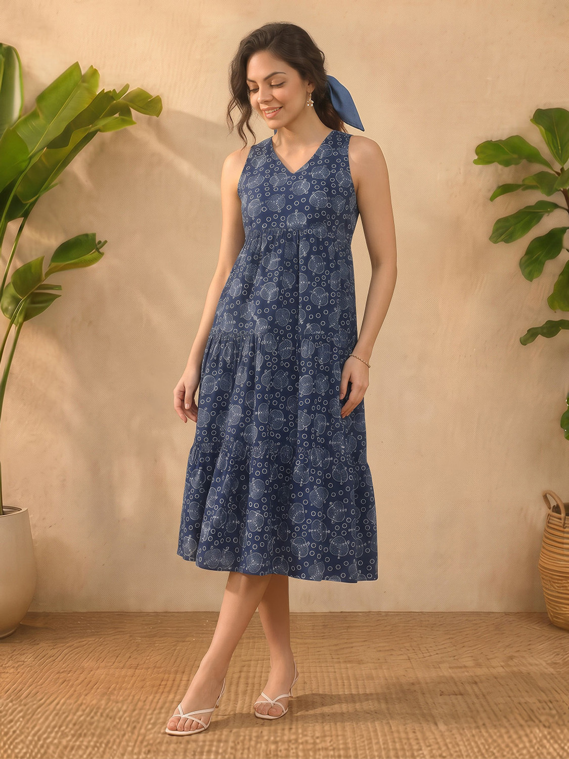 Image of Janasya Women Tiered Blue Midi /Calf Length Dress