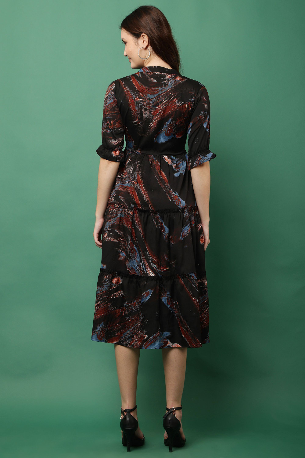Image of JustHer Women Fit and Flare Black, Blue Midi /Calf Length Dress