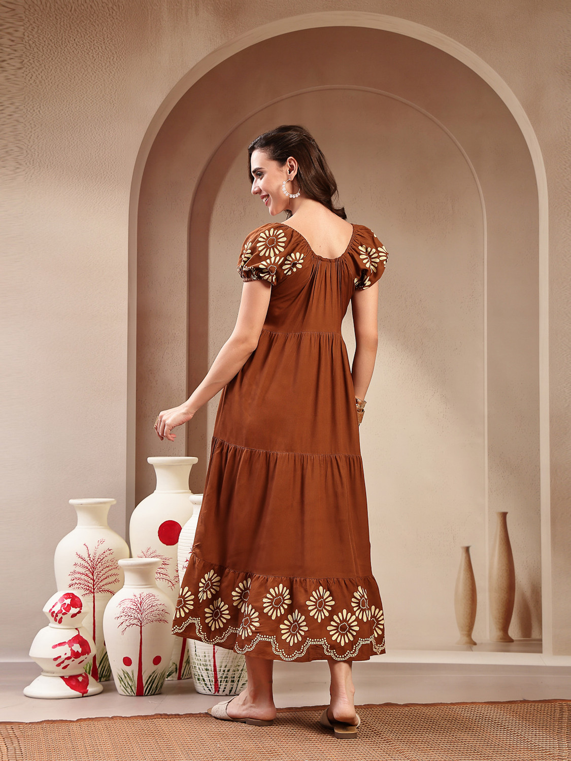 Image of Stylum Women Tiered Brown Maxi /Full Length Dress