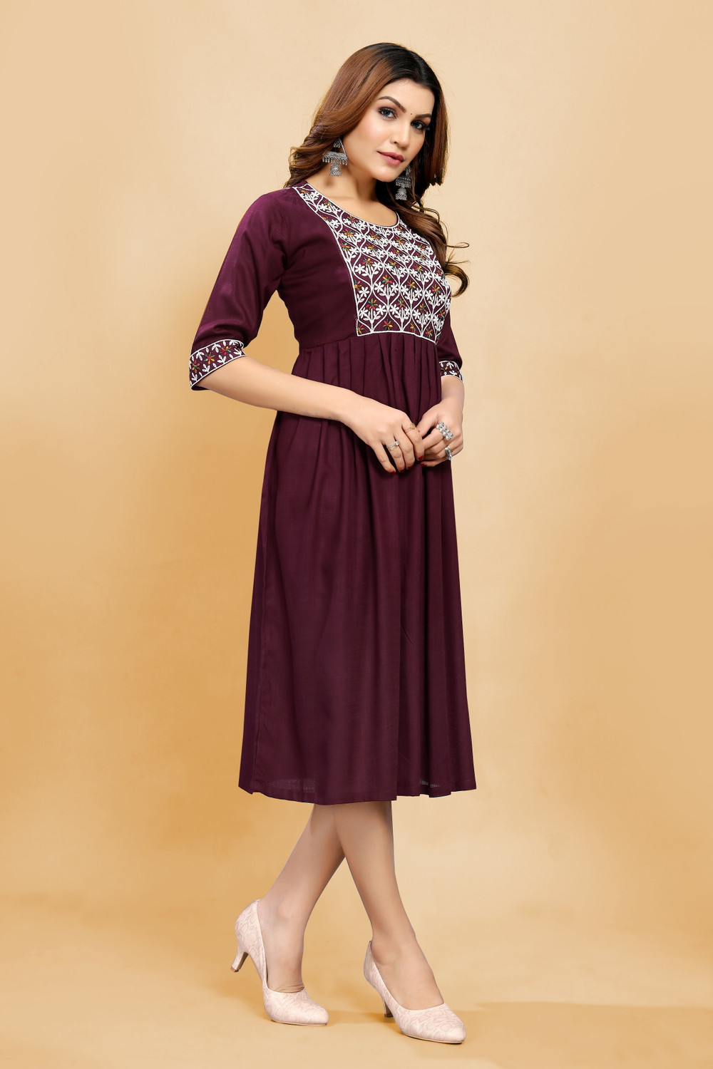 Image of sheladiya Women Fit and Flare Maroon Midi /Calf Length Dress