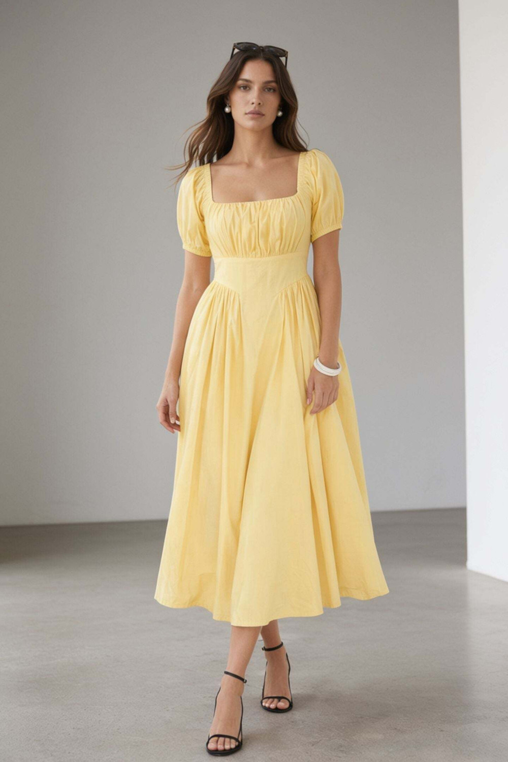 Image of virgio Women Fit and Flare Yellow Midi /Calf Length Dress