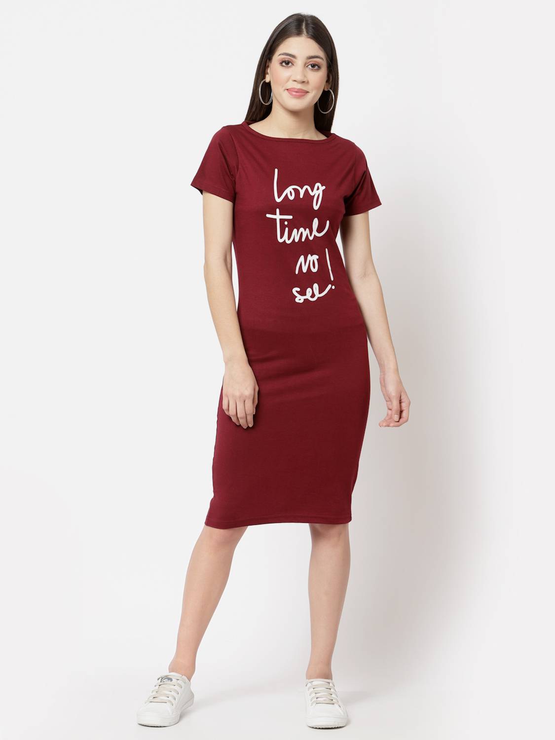 AAYU Women T Shirt Maroon Knee Length Dress