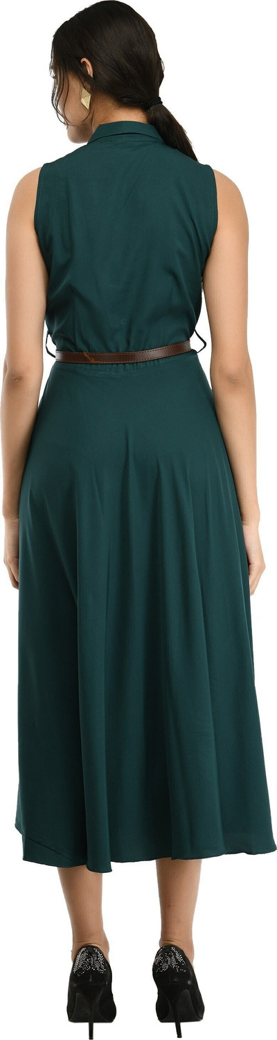 Image of Rudraaksha Women Fit and Flare Green Below Knee Dress With Mask