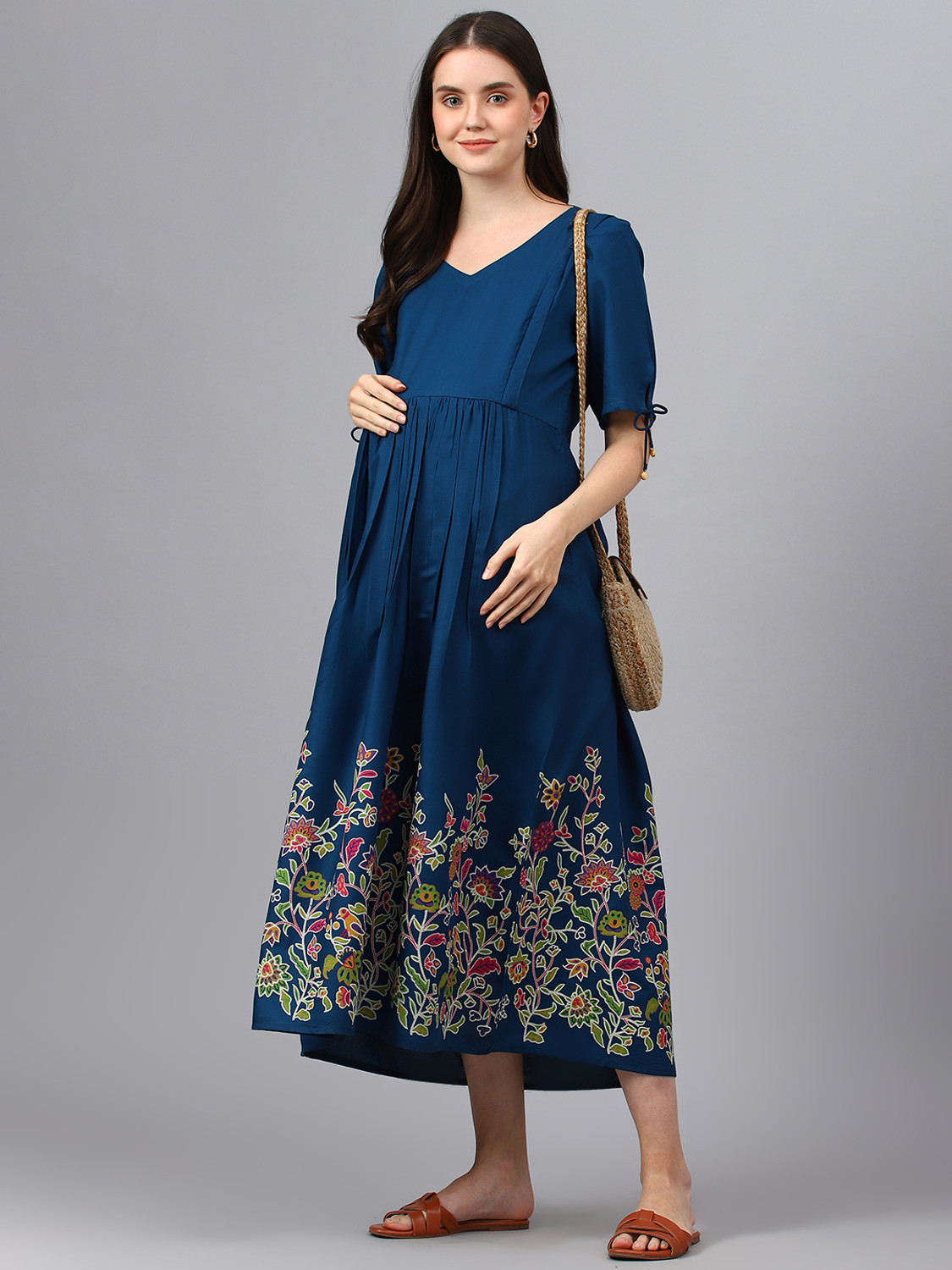 Image of Negen Women Gathered Blue Midi /Calf Length Dress