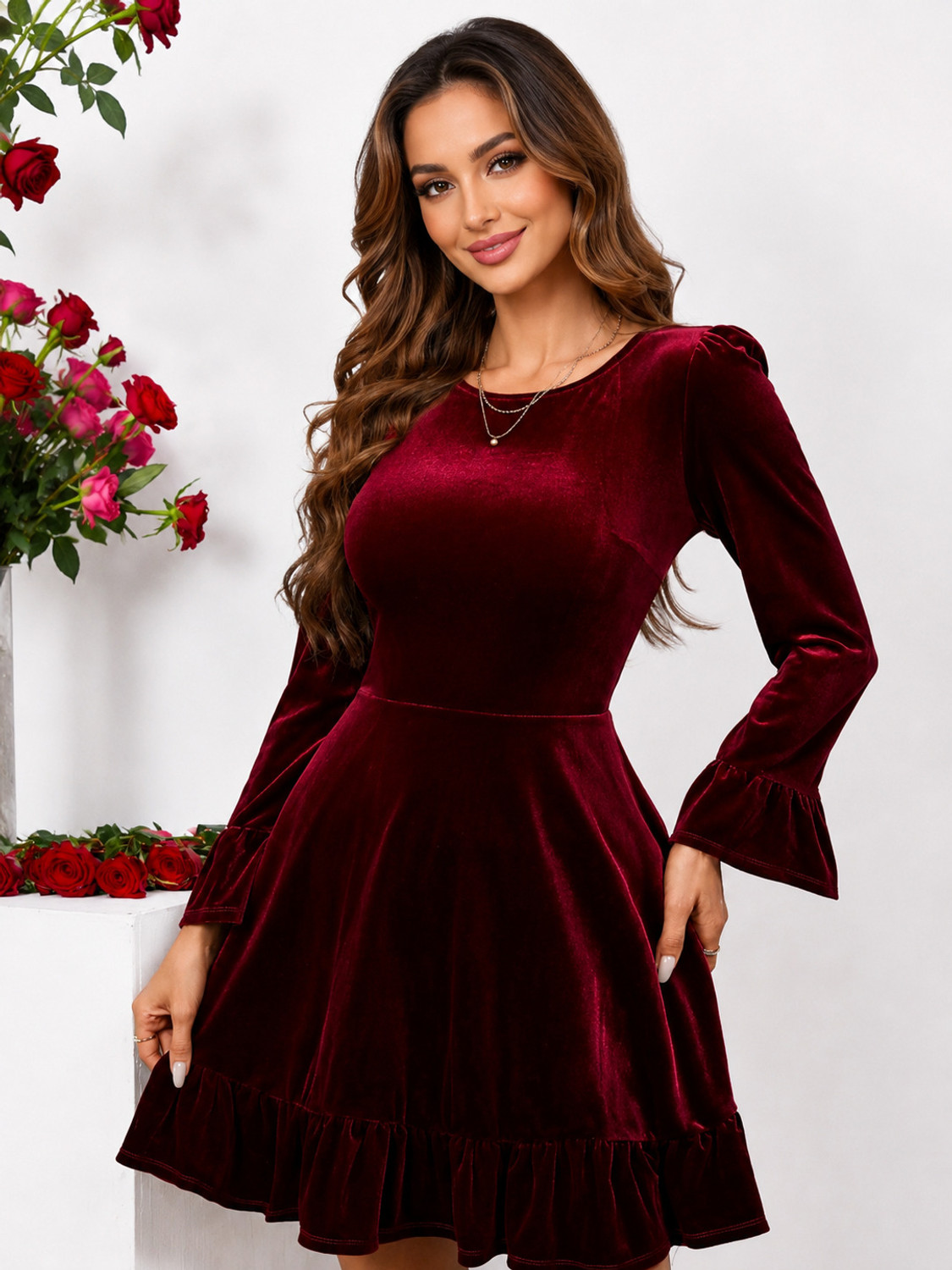 Image of CAJUNI Women Fit and Flare Maroon Knee Length Dress