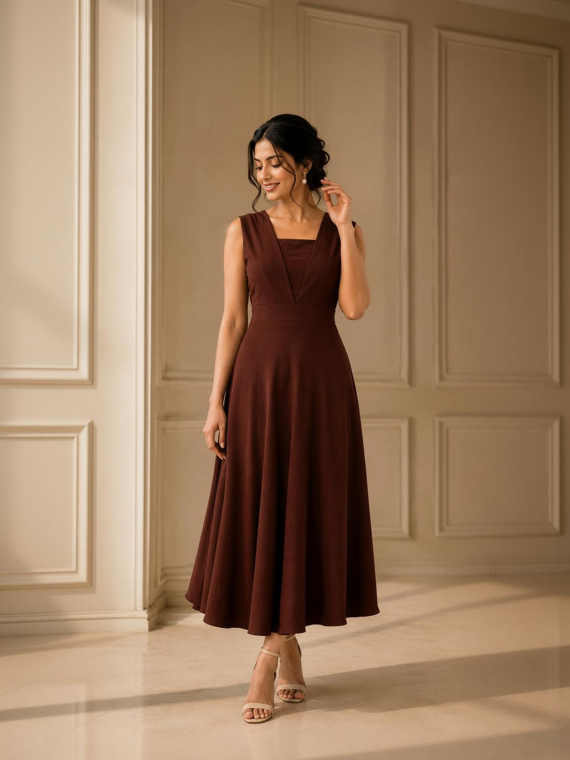 SHRASTHA Women A-line Brown Midi/Calf Length Dress