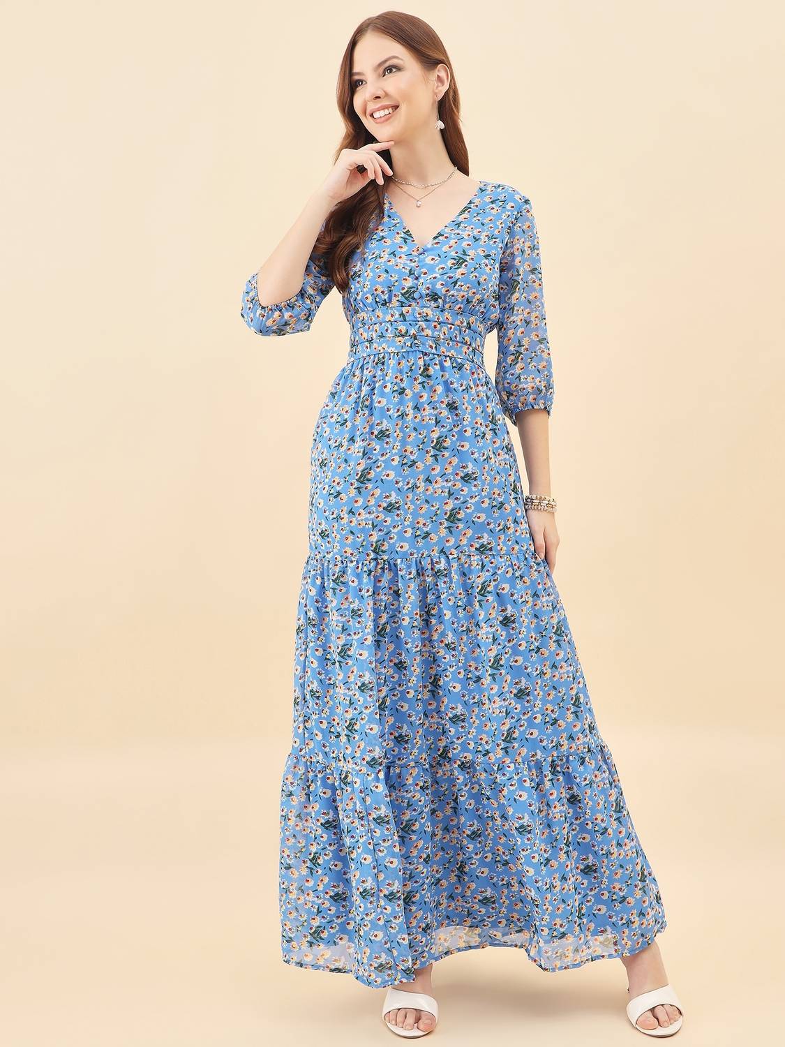 AAYU Women Layered Blue Maxi/Full Length Dress