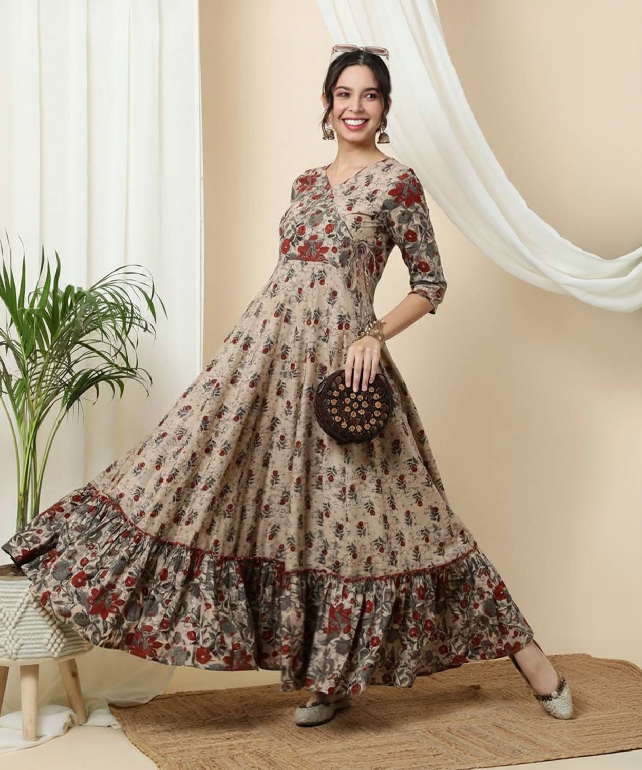 Image of Gustofab Women Fit and Flare Brown Maxi /Full Length Dress