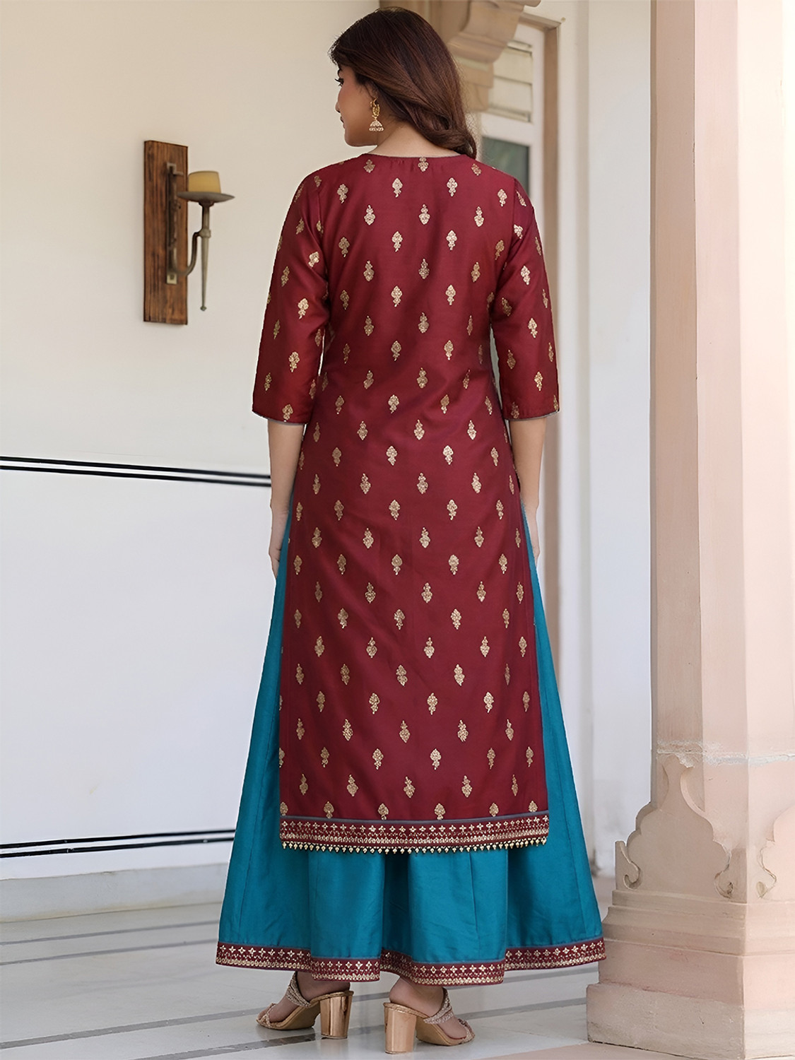 Image of Janasya Women Ethnic Dress Maroon Ankle Length Dress