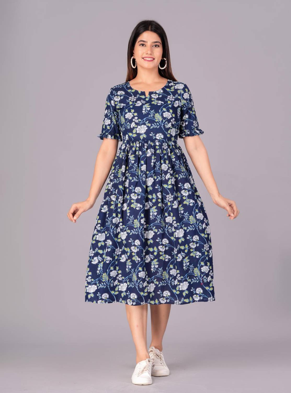 SYRA Collection Women Fit and Flare Dark Blue Midi/Calf Length Dress