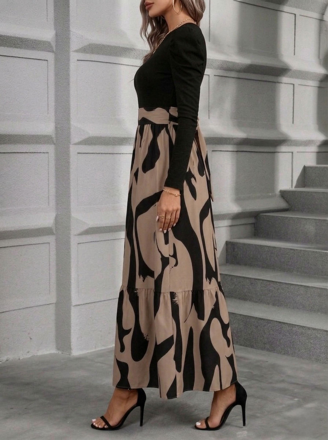 Image of JENKRA Women Fit and Flare Brown, Black Ankle Length Dress