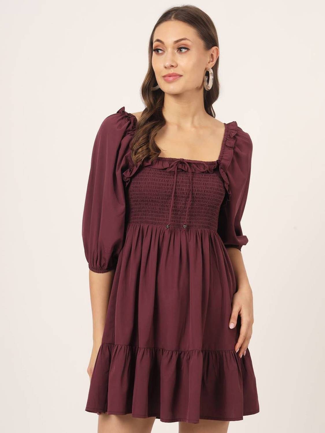 BEATNIK Women Fit and Flare Maroon Above Knee/Mid Thigh Length Dress