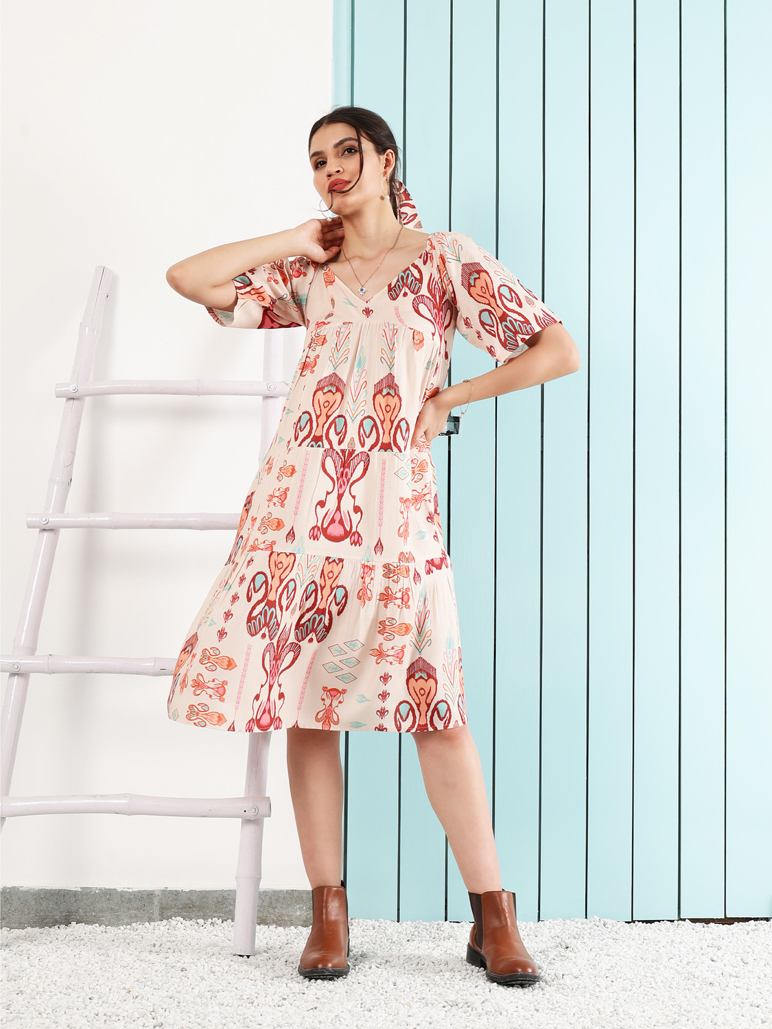 Image of Boho By Athena Women Fit and Flare Beige Below Knee Dress