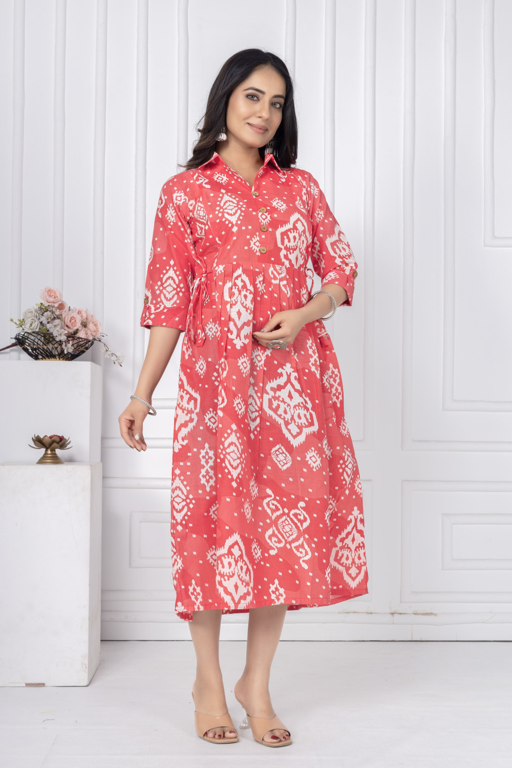 Image of KALAVRITTA Women Gathered Red Midi /Calf Length Dress