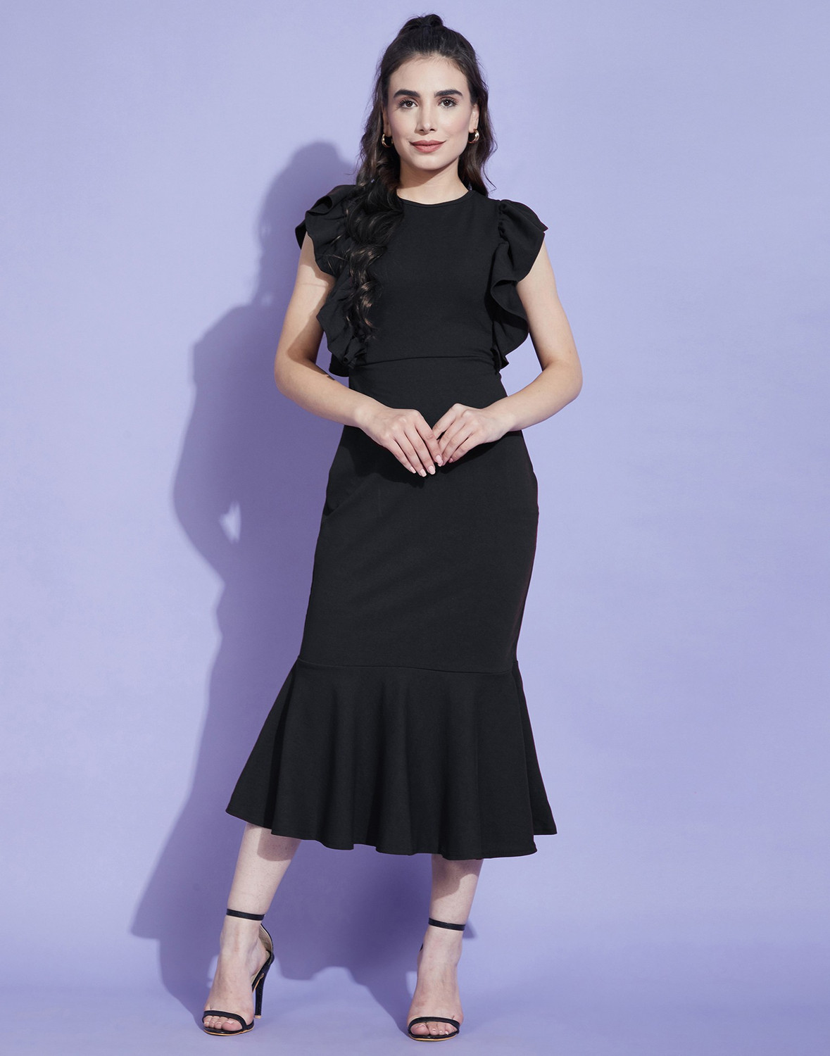 Image of Selvia Women Ruffled Black Midi /Calf Length Dress