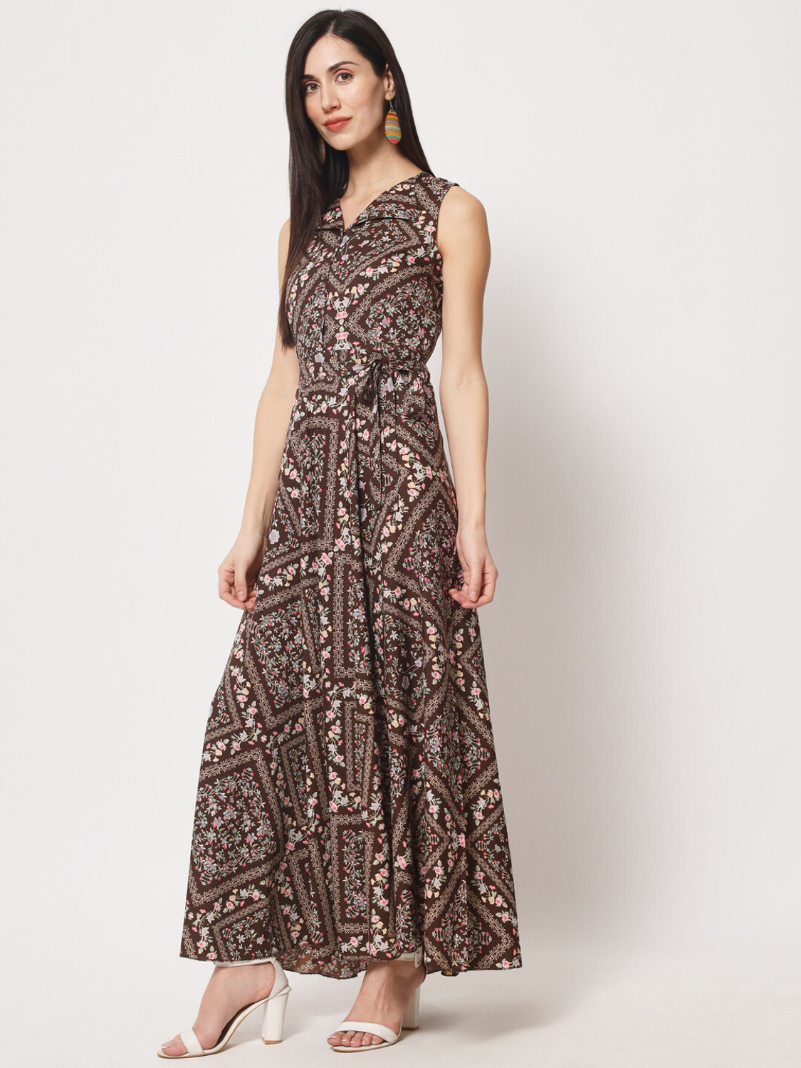 Image of Rudraaksha Women A-line Brown Maxi /Full Length Dress