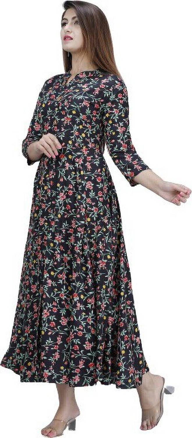 AnviTextile Women Fit and Flare Black Maxi/Full Length Dress
