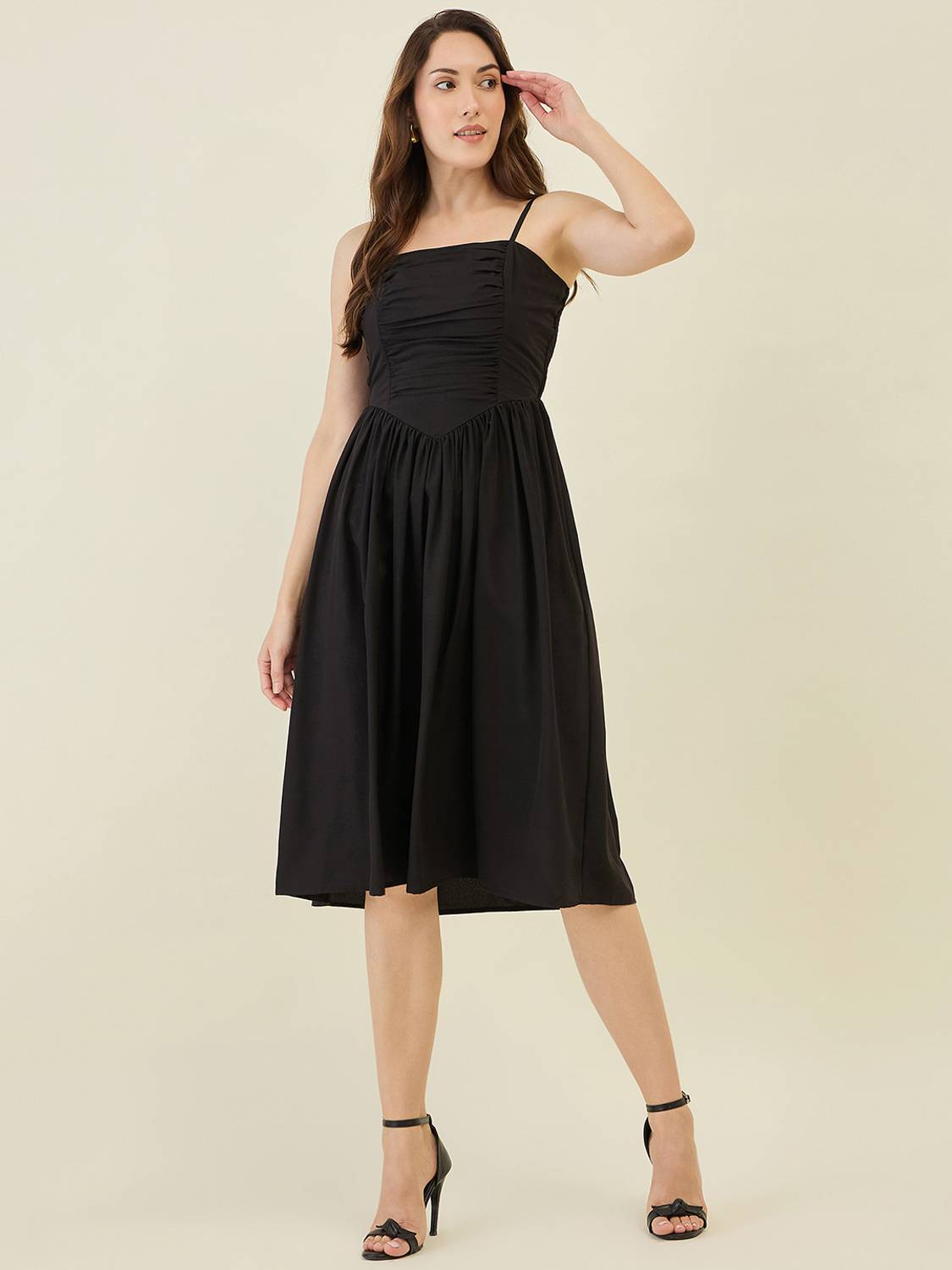 AAYU Women Fit and Flare Black Below Knee Dress