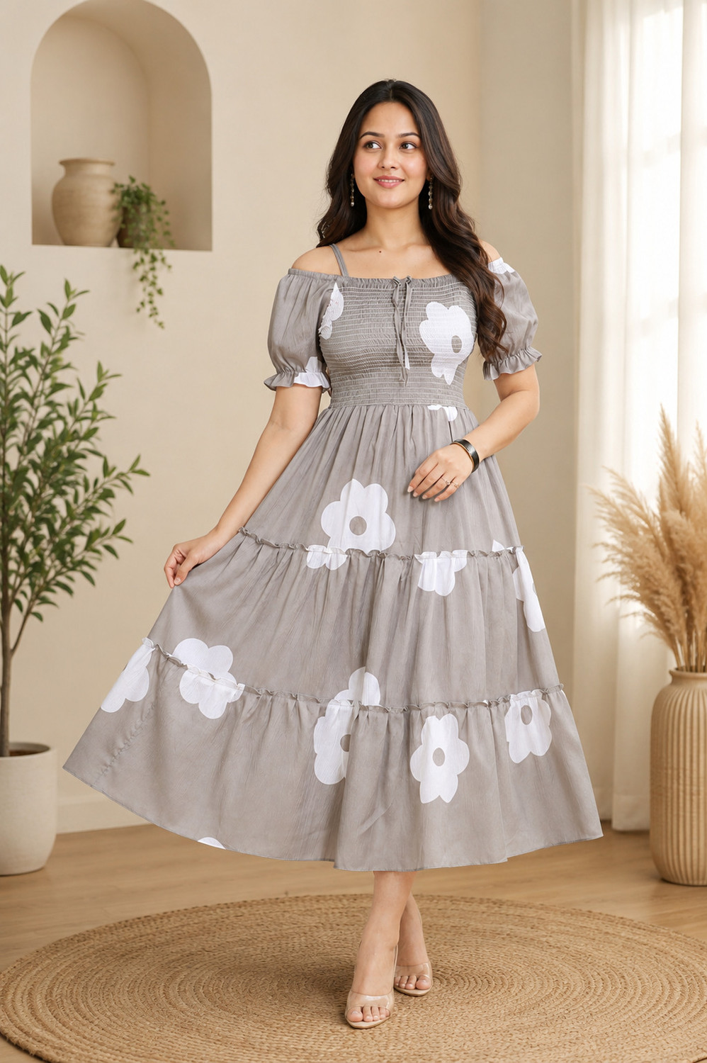 Image of DULHAN SAREES Women Tiered Grey Midi /Calf Length Dress