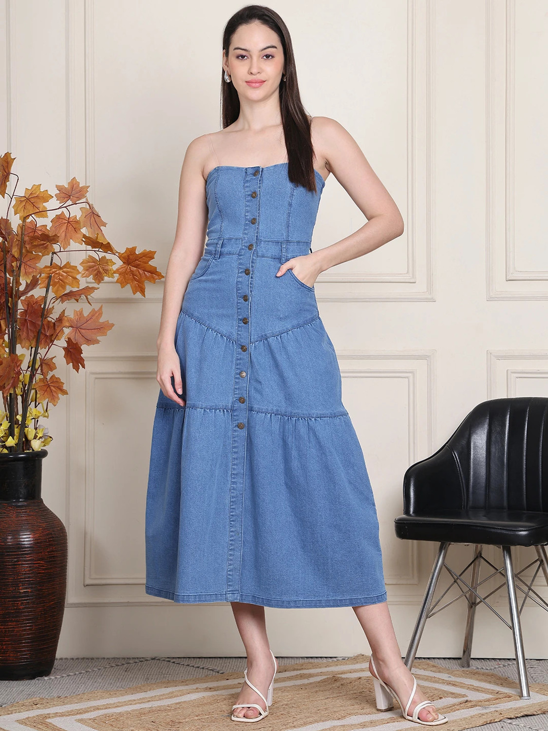 Image of Puella Women Fit and Flare Light Blue Below Knee Dress