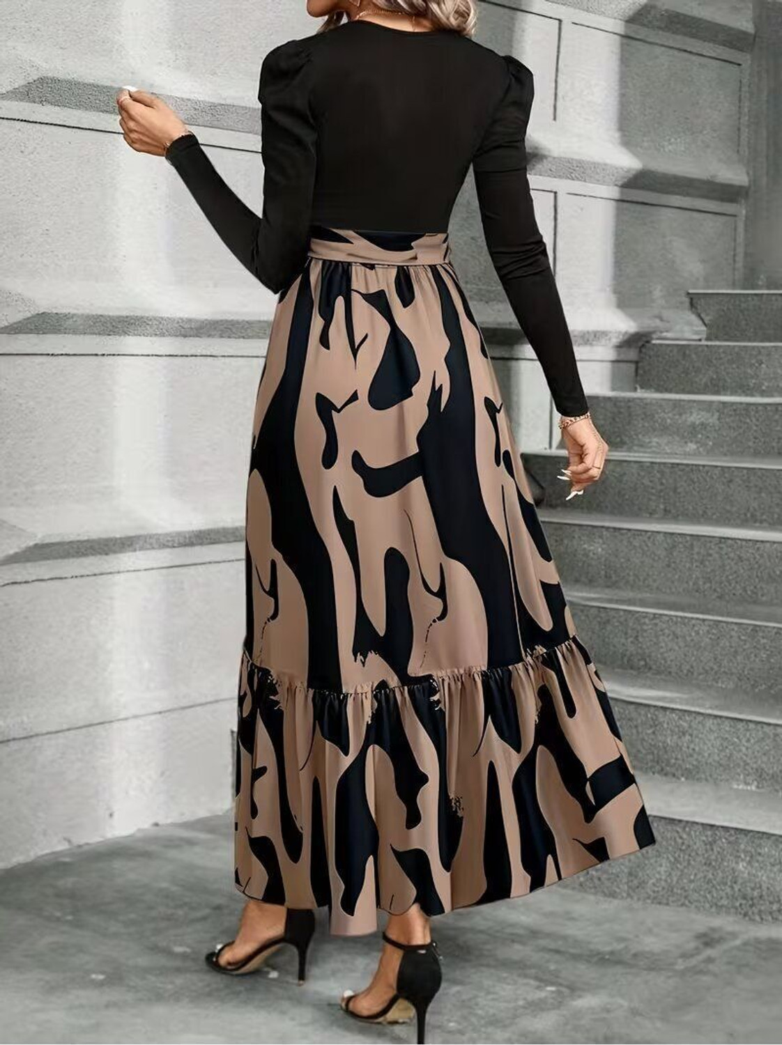 Image of JENKRA Women Fit and Flare Brown, Black Ankle Length Dress