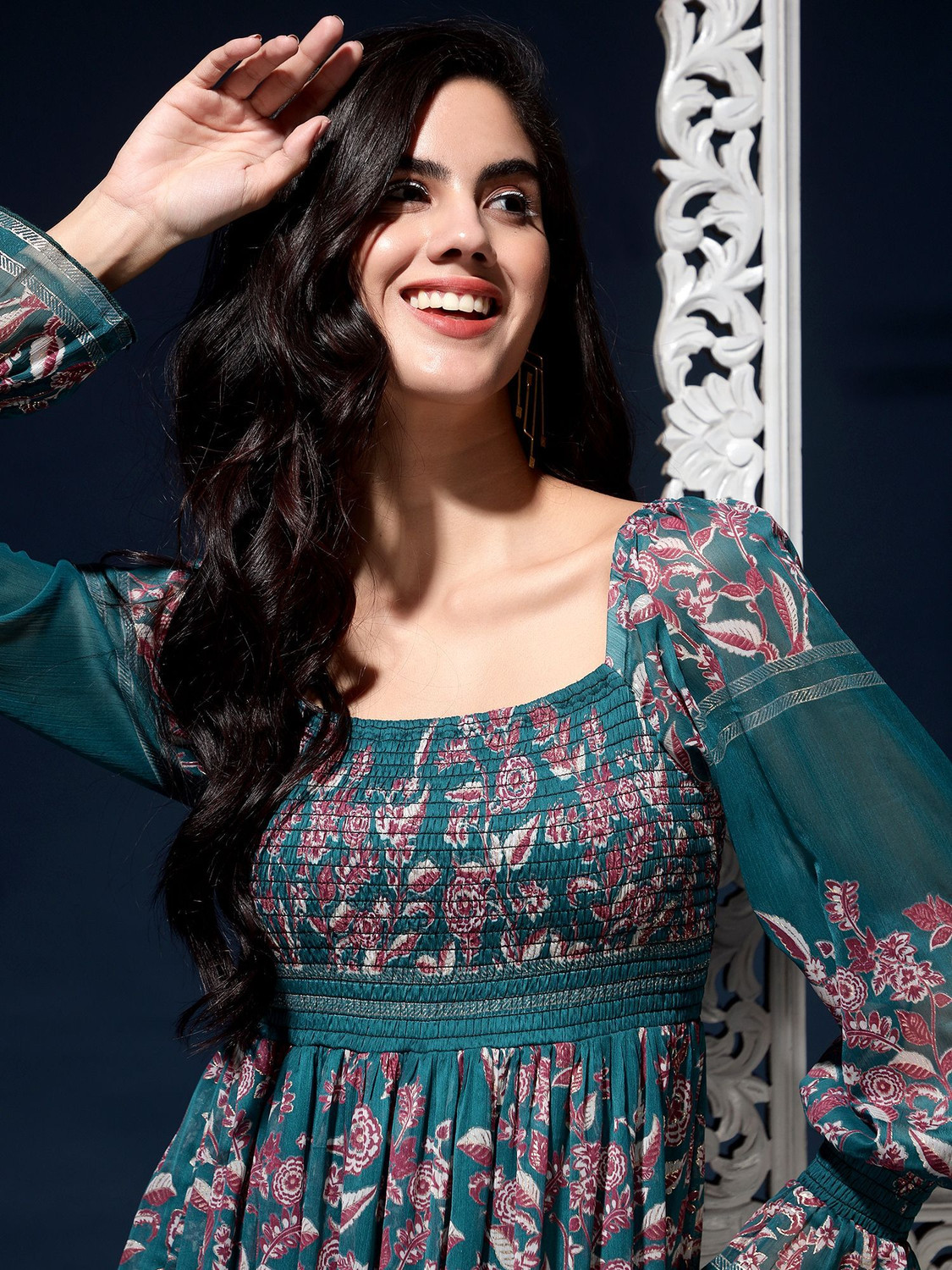 Image of HouseOfCommon Women Fit and Flare Green Maxi /Full Length Dress