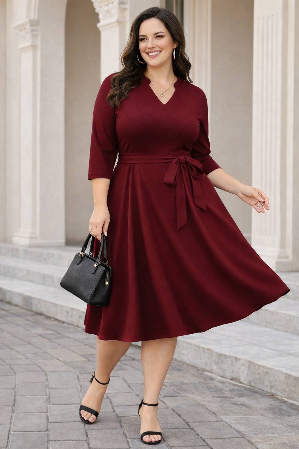 AMEEZA Women Fit and Flare Maroon Knee Length Dress
