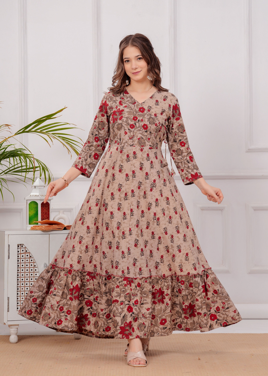 Image of Gustofab Women Fit and Flare Brown Maxi /Full Length Dress