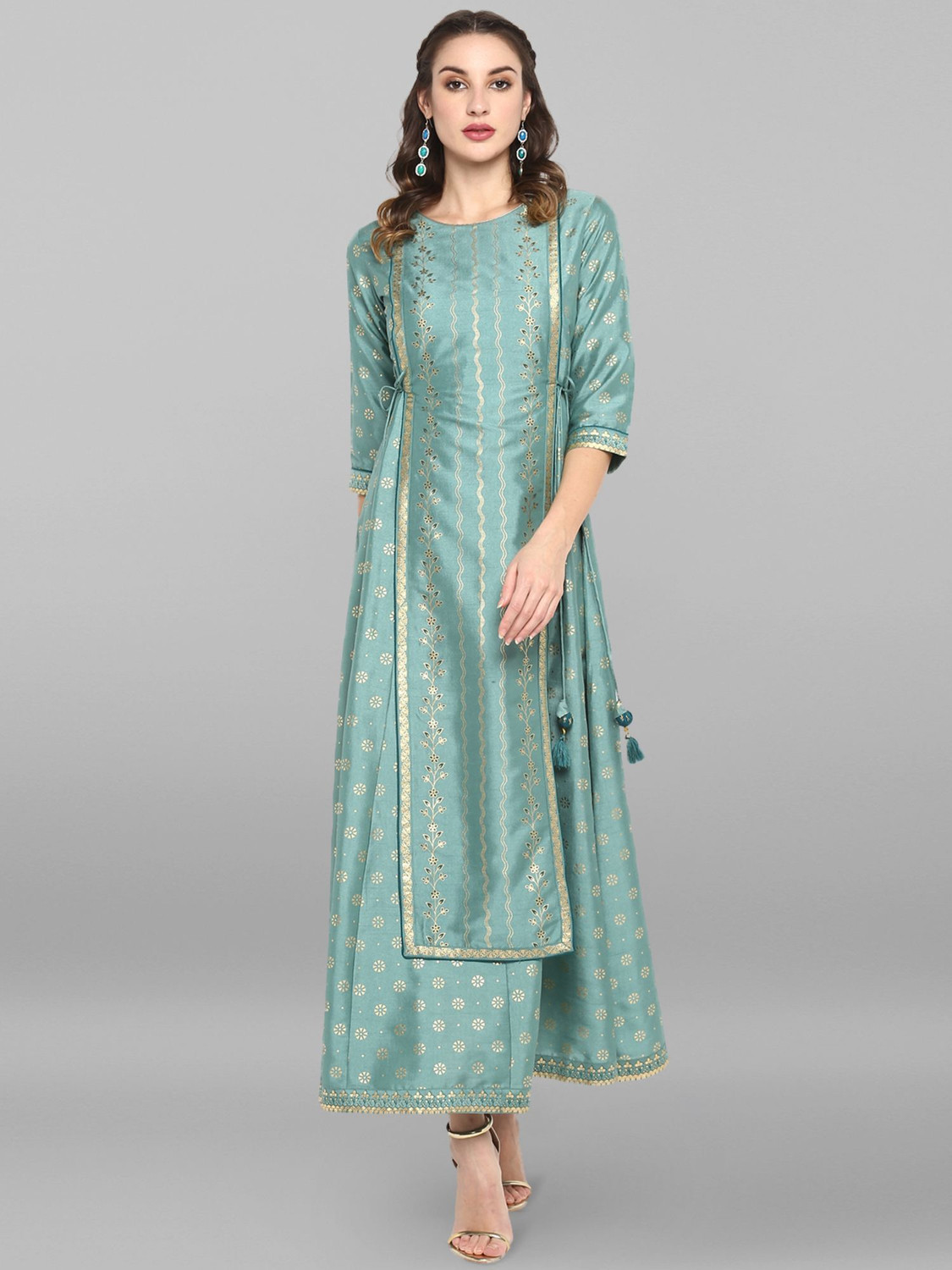 Image of Janasya Women Fit and Flare Light Green Maxi /Full Length Dress