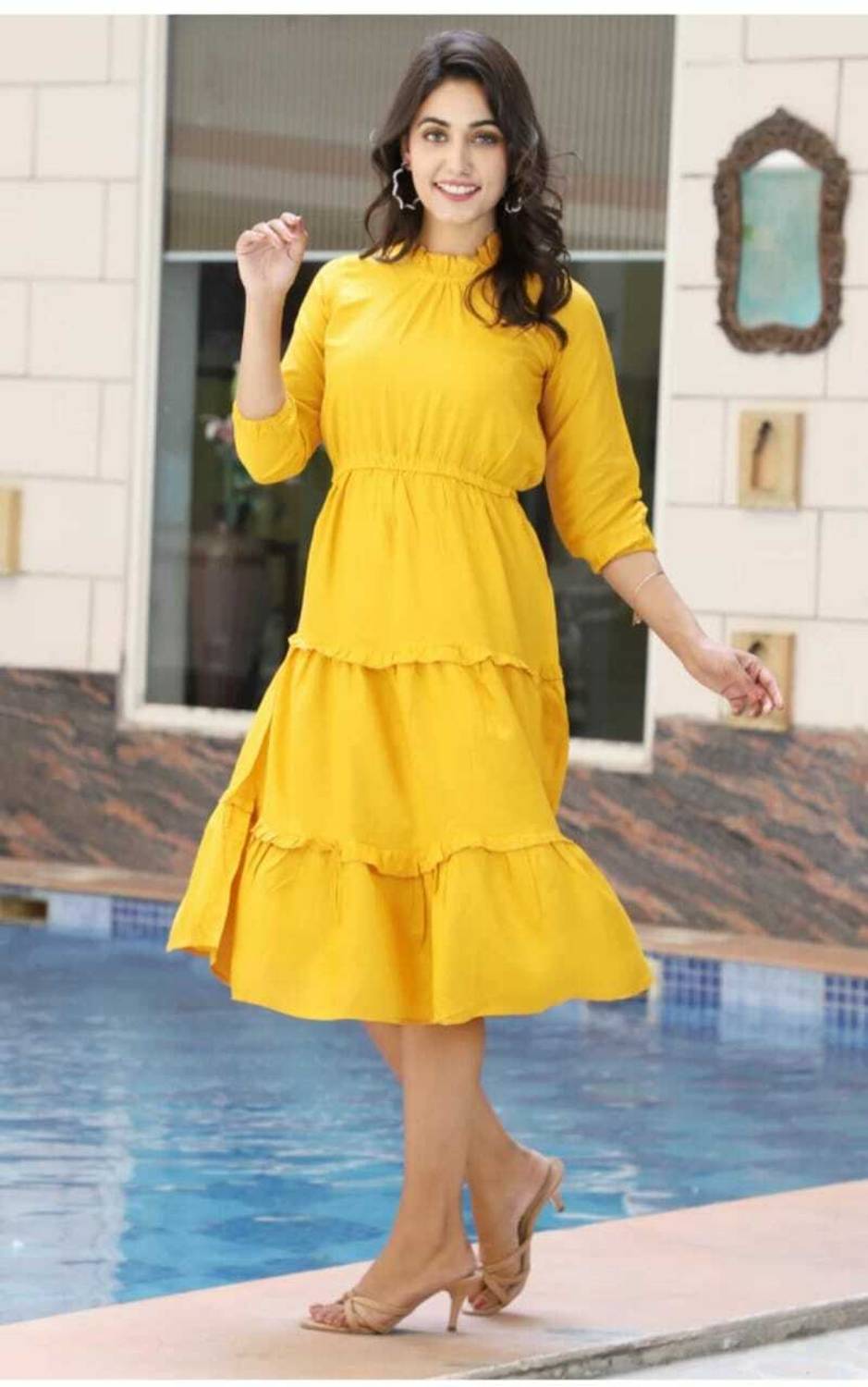 ANJAYA Women Fit and Flare Yellow Knee Length Dress