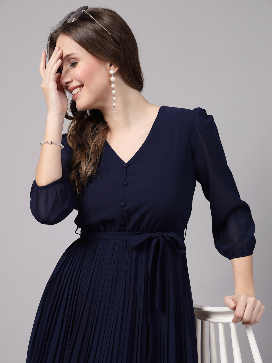 Image of AAYU Women Fit and Flare Dark Blue Maxi /Full Length Dress