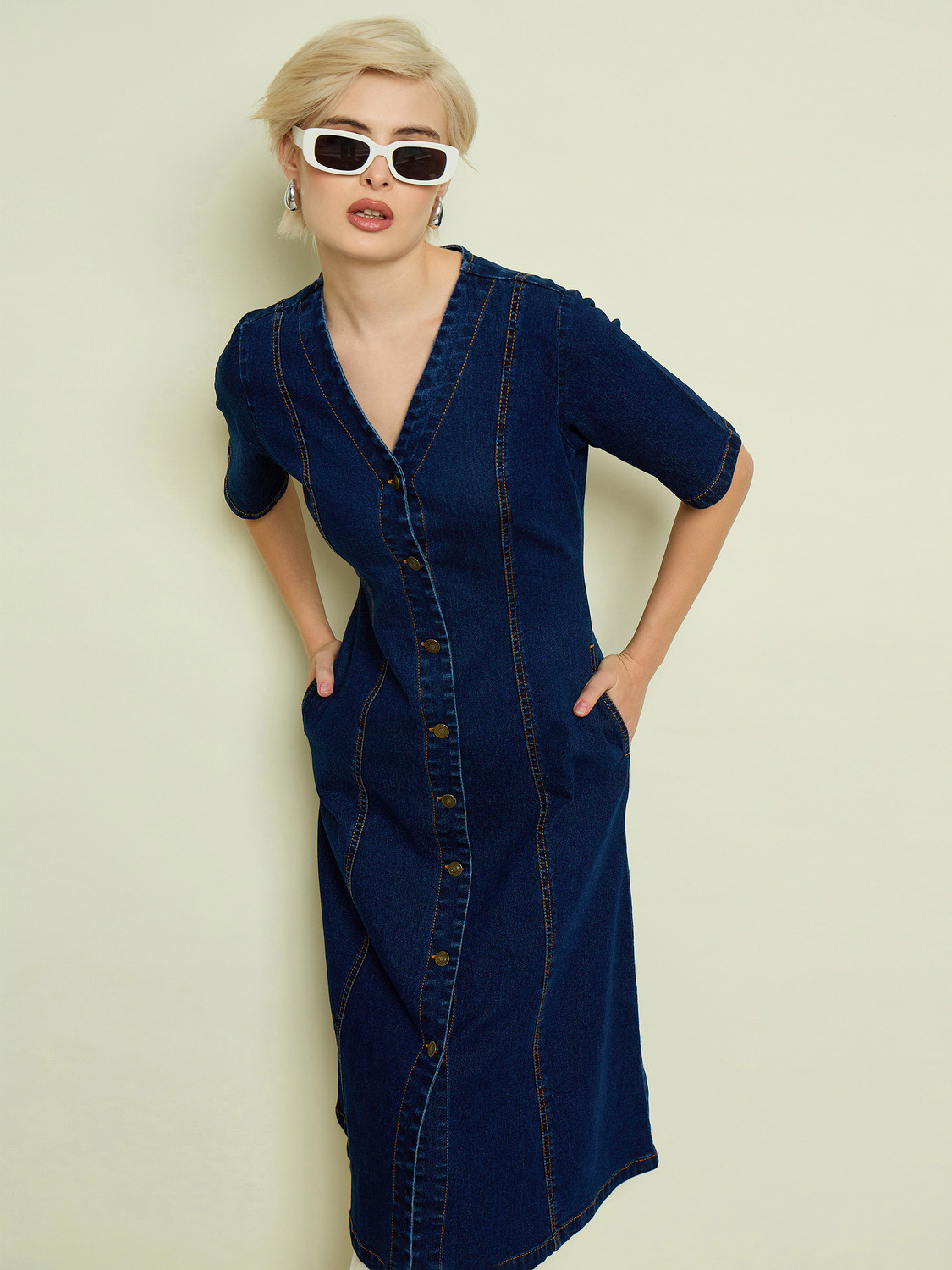 Image of SASSAFRAS Women A-line Dark Blue Midi /Calf Length Dress