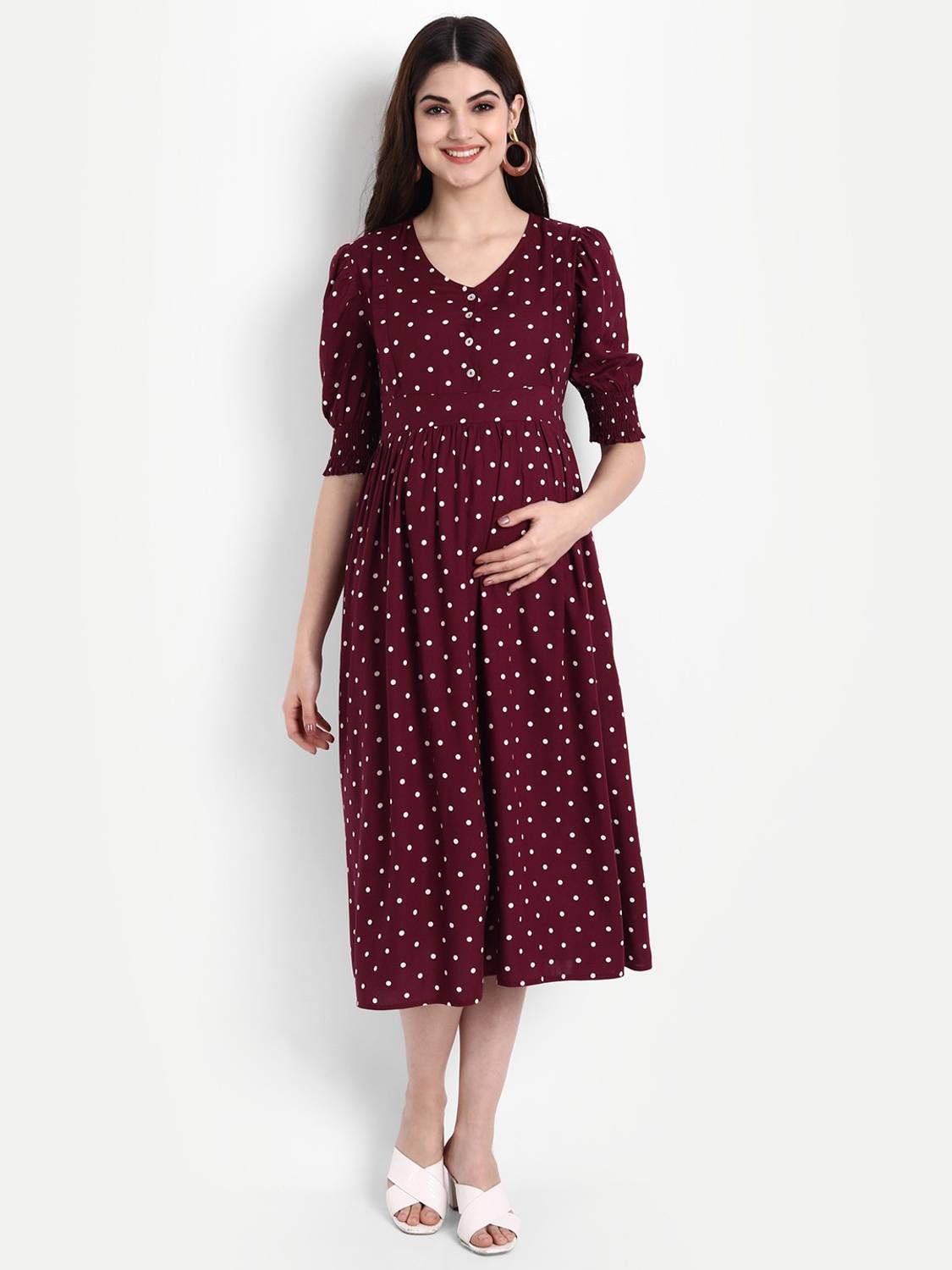 Aaruvi Ruchi Verma Women A-line Maroon, White Midi/Calf Length Dress