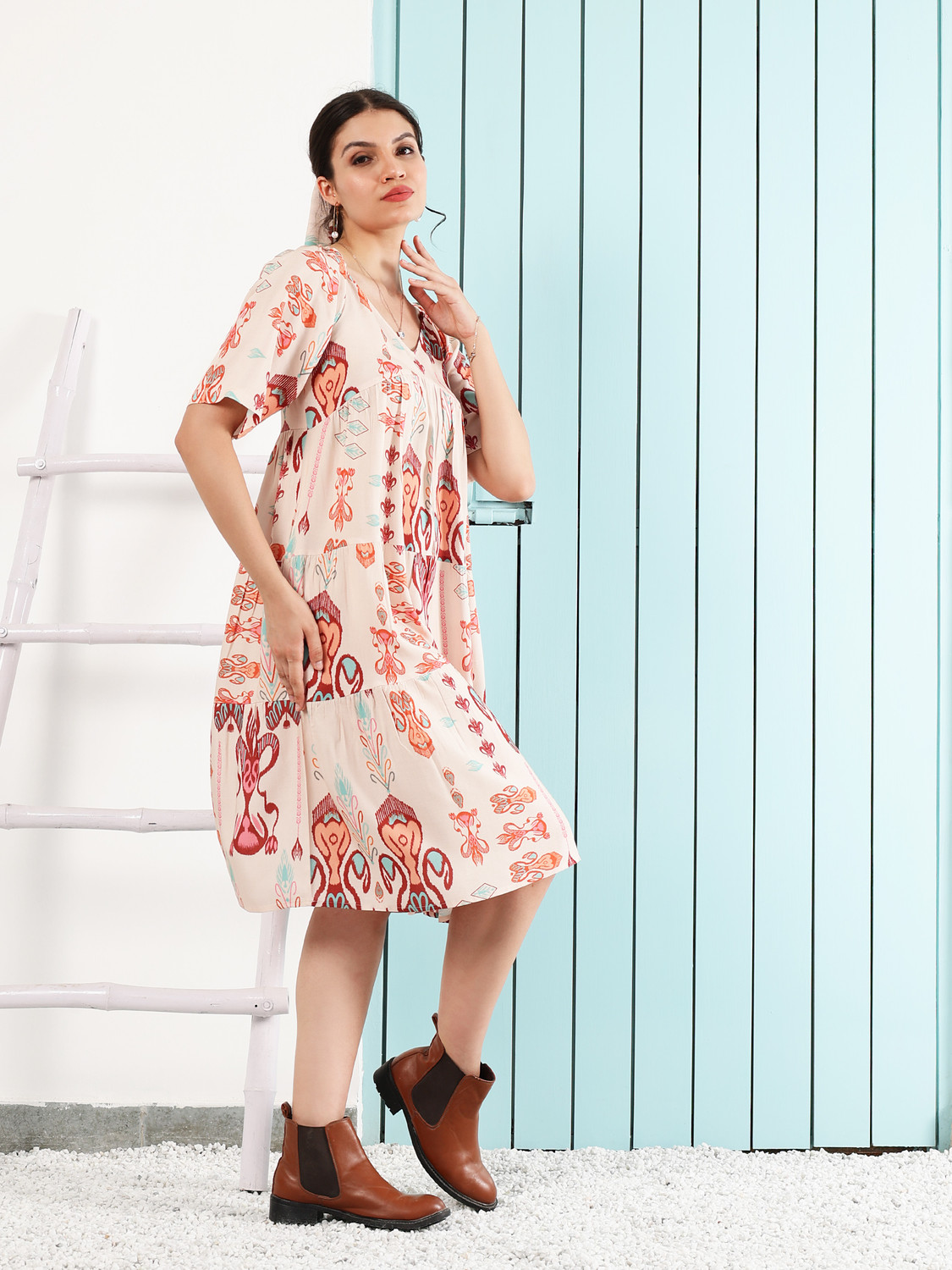 Image of Boho By Athena Women Fit and Flare Beige Below Knee Dress